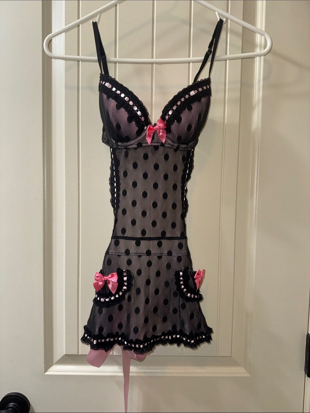 Victoria’s Secret Black Polka Dot Mesh Chemise with Pink Satin Bows 34B